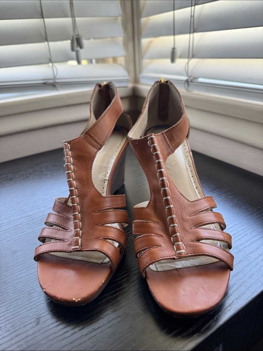 Adrienne Vittadini Brown Leather T-Strap 3” Wedge Sandals
